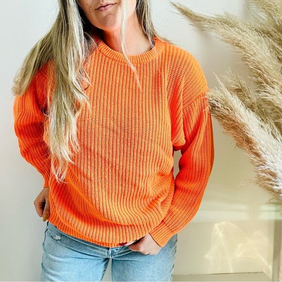 EXPRESS Neon Orange Chunky Thick Knit Tunic Pullover Crew Neck Cozy Sweater M - Picture 6 of 14